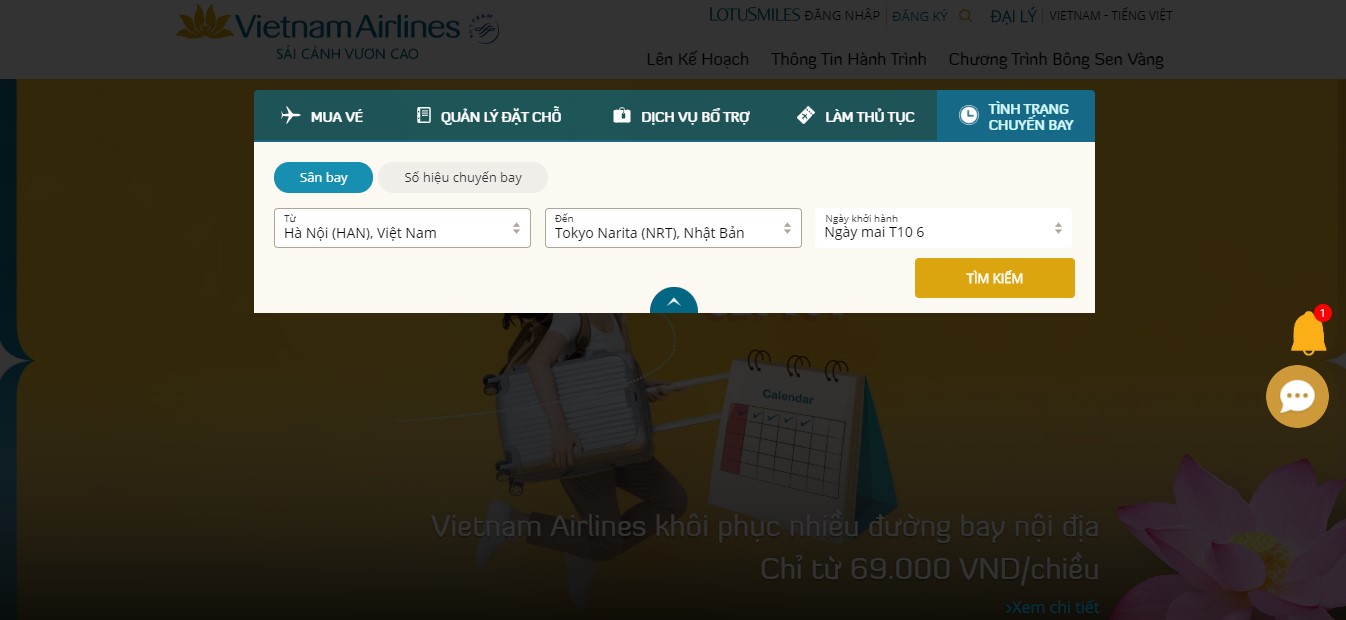 Cách theo dõi chuyến bay trực tuyến Vietnam Airlines