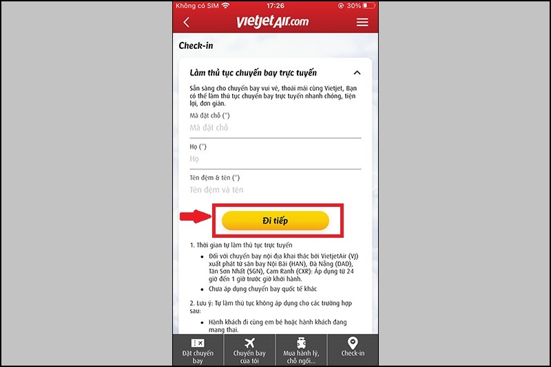 Cách checkin online Vietjet trên điện thoại 