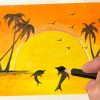 Cách vẽ tranh phong cảnh biển hoàng hôn đơn giản đẹp nhất bằng bút chì, màu nước 2024