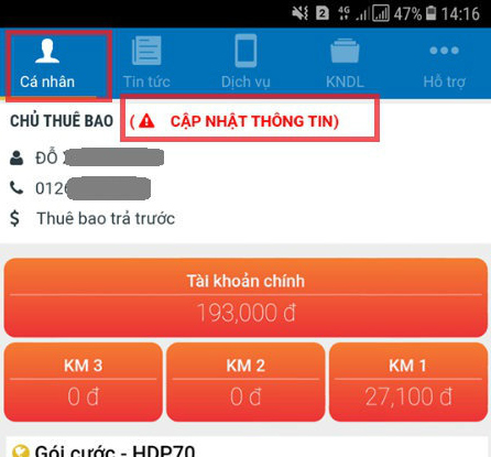 Cập nhật thay đổi thông tin thuê bao mobifone online trên App