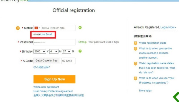 Cách đăng ký Weibo bằng Email