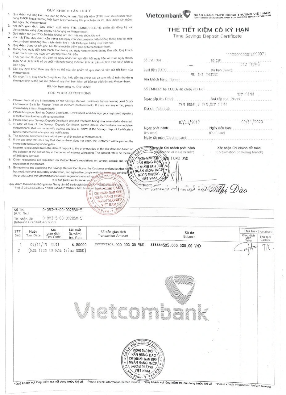 Mẫu giấy xác nhận số dư sổ tiết kiệm Vietcombank